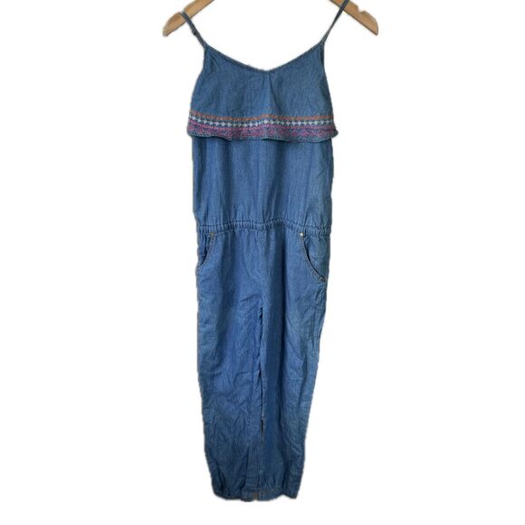 NWT Roxy Girl Chambray Embroidered Trim Side Pockets Elastic Waist Jumpsuit 14 - Picture 1 of 8